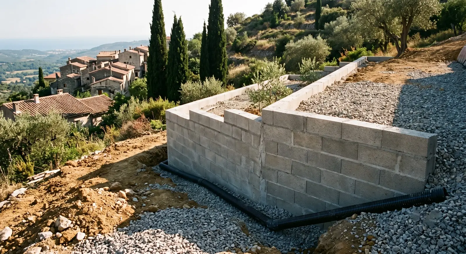 Mur de soutènement et drain en pied