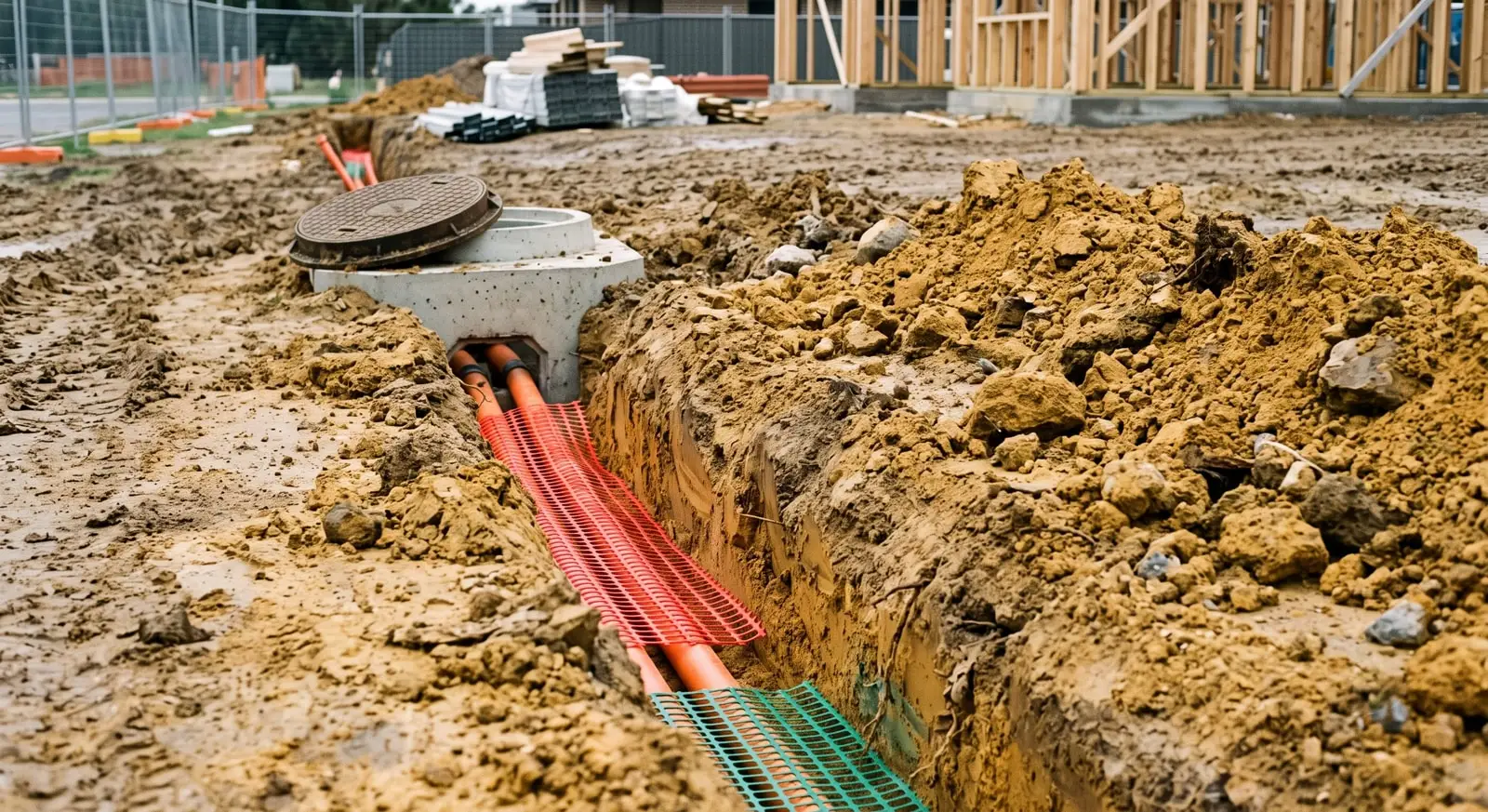 Tranchée VRD, fourreaux et regard béton